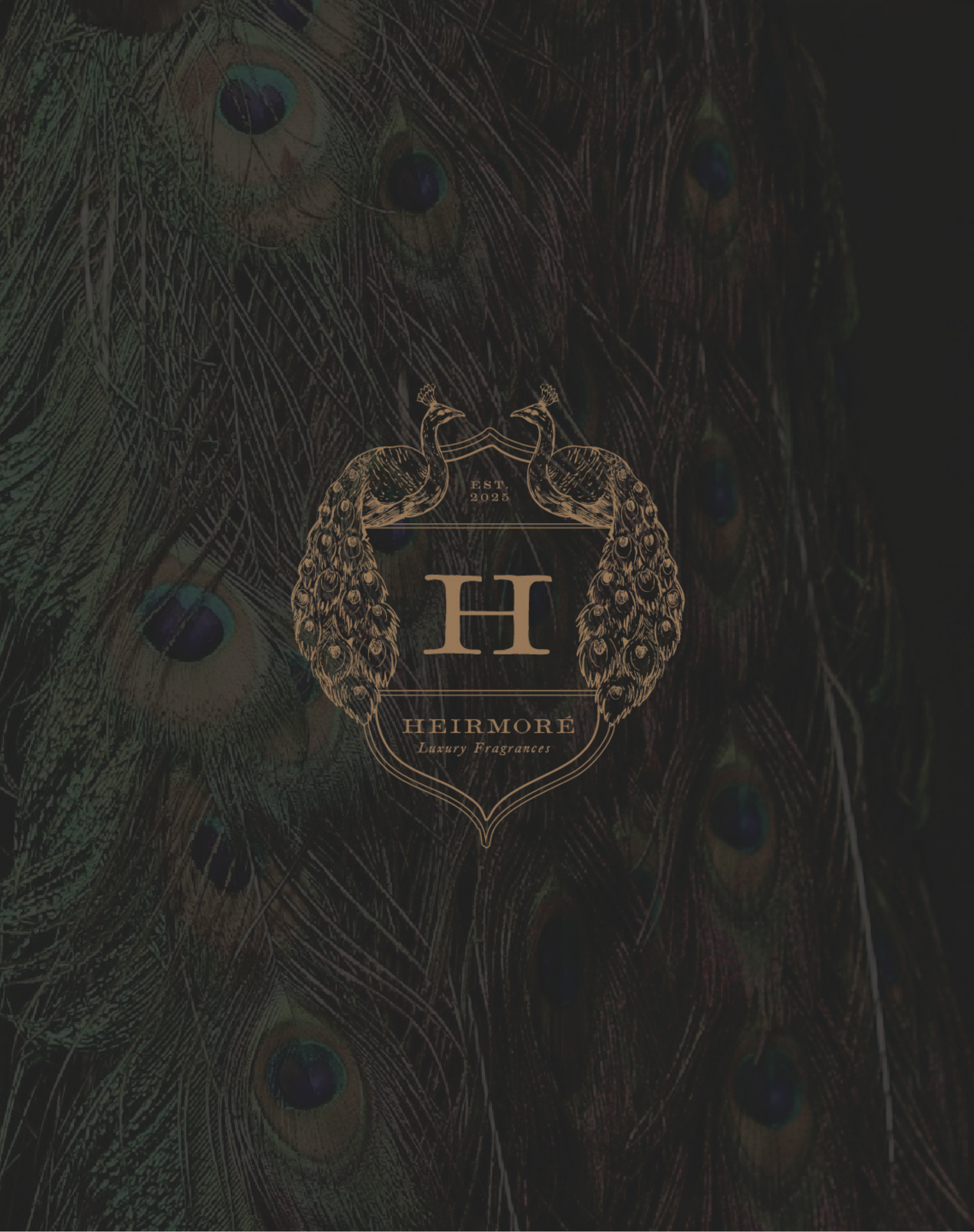 Peacock feather pattern with a decorative 'H' logo on a dark background